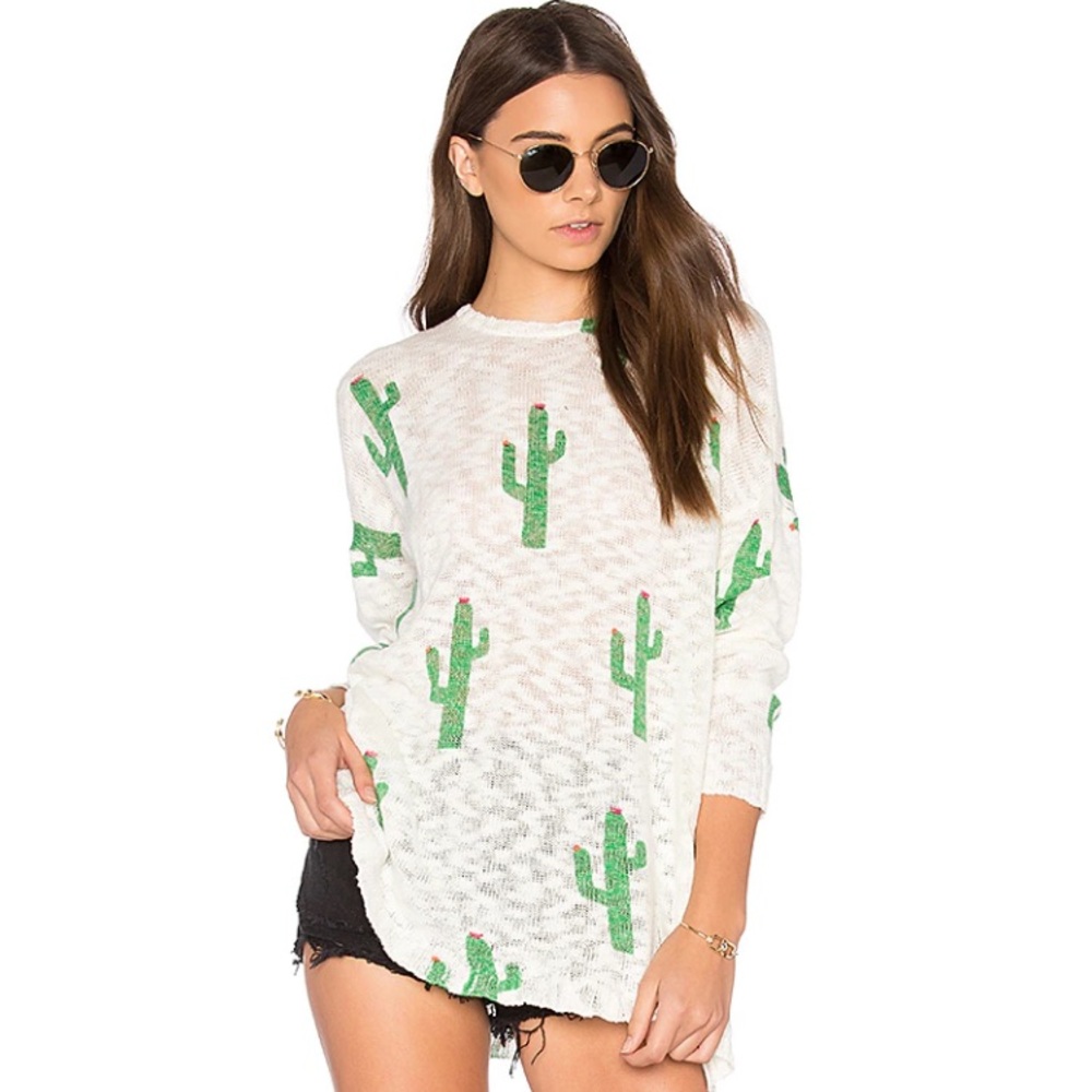 Show Me Your MuMu White Sweater with Green Cactus Print